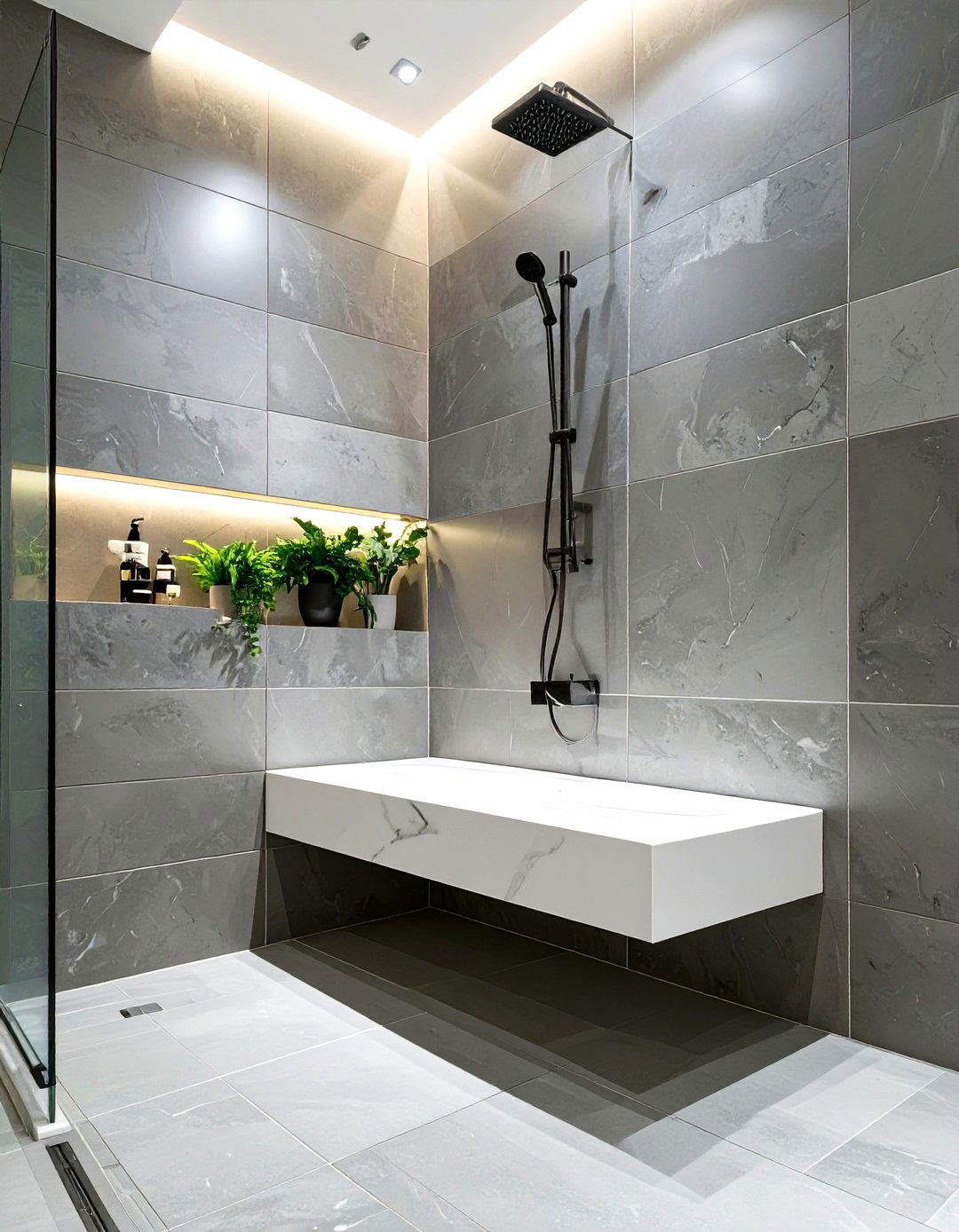 Stand Up Shower with a Floating Bench - 30 stand up shower ideas