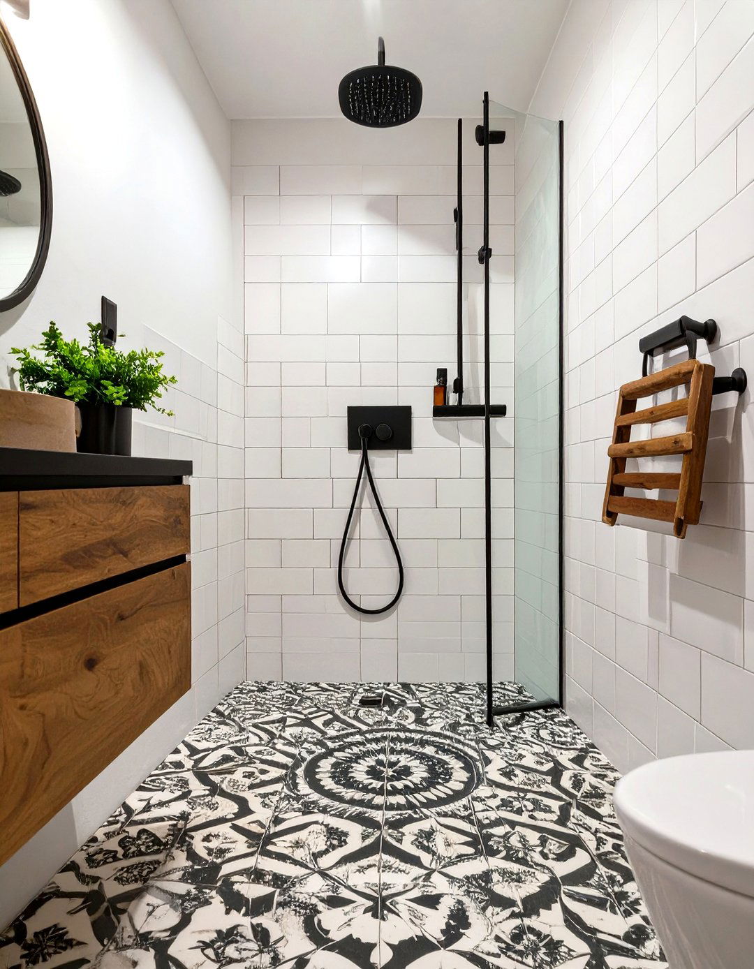 Stand Up Shower with a Statement Tile Floor - 30 stand up shower ideas