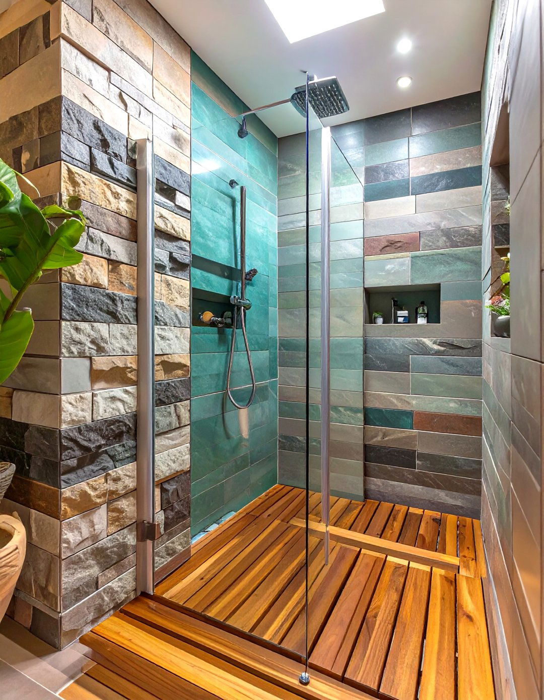 Standing Shower with a Teak Wood Floor - 30 standing shower ideas