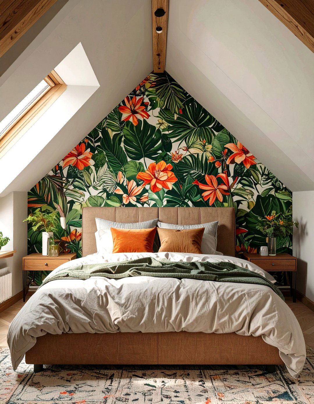 Statement Headboard Wall with Wallpaper - 30 small attic bedroom low sloped ceiling bedroom ideas