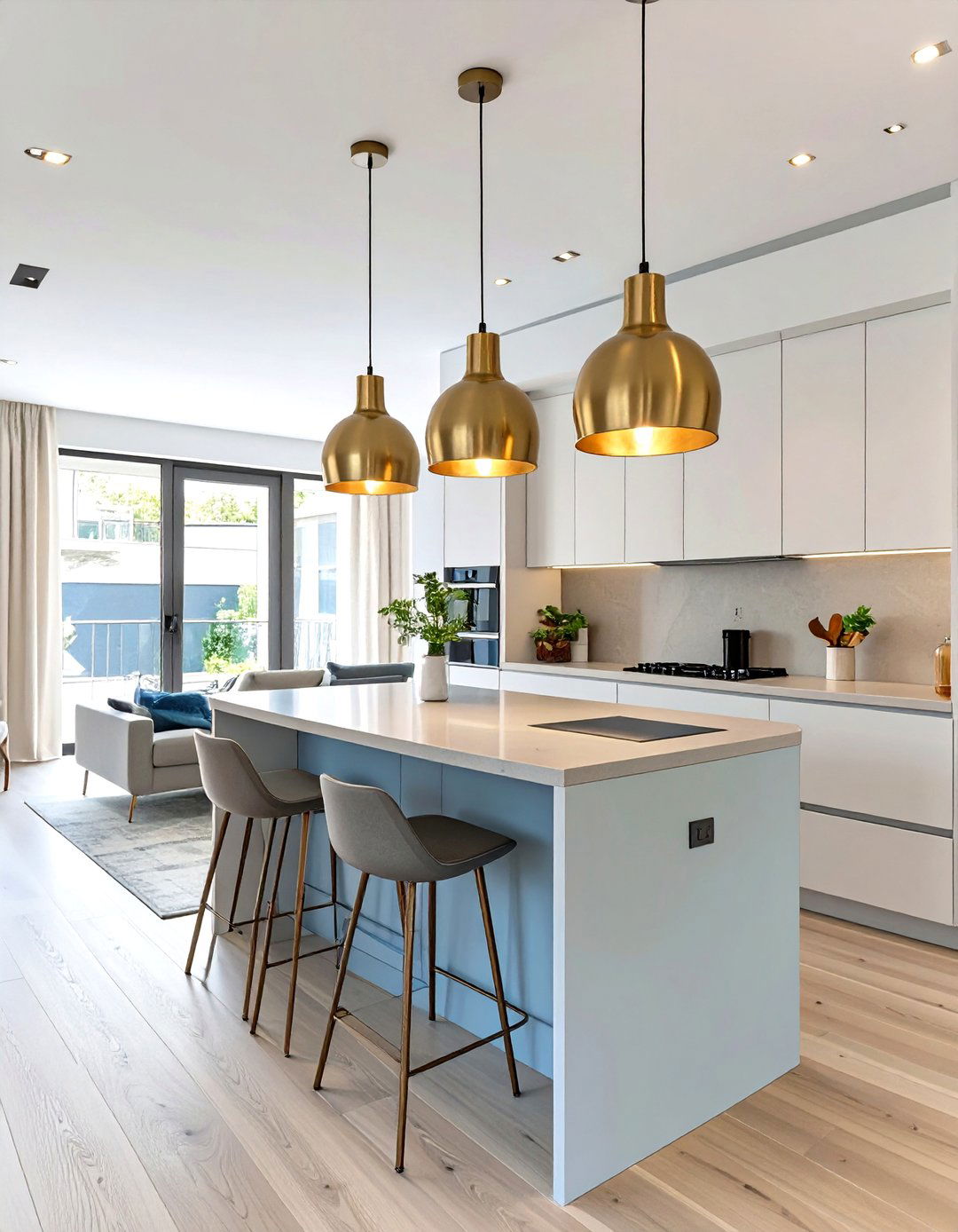 Statement Pendant Lighting Over Zones - 30 very small open plan kitchen living room ideas