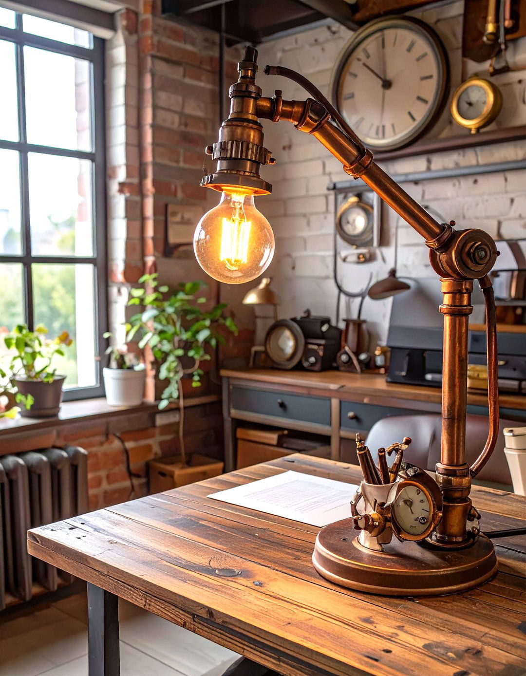 Steampunk Aesthetic with Pipes and Gauges - 30 home office lighting ideas