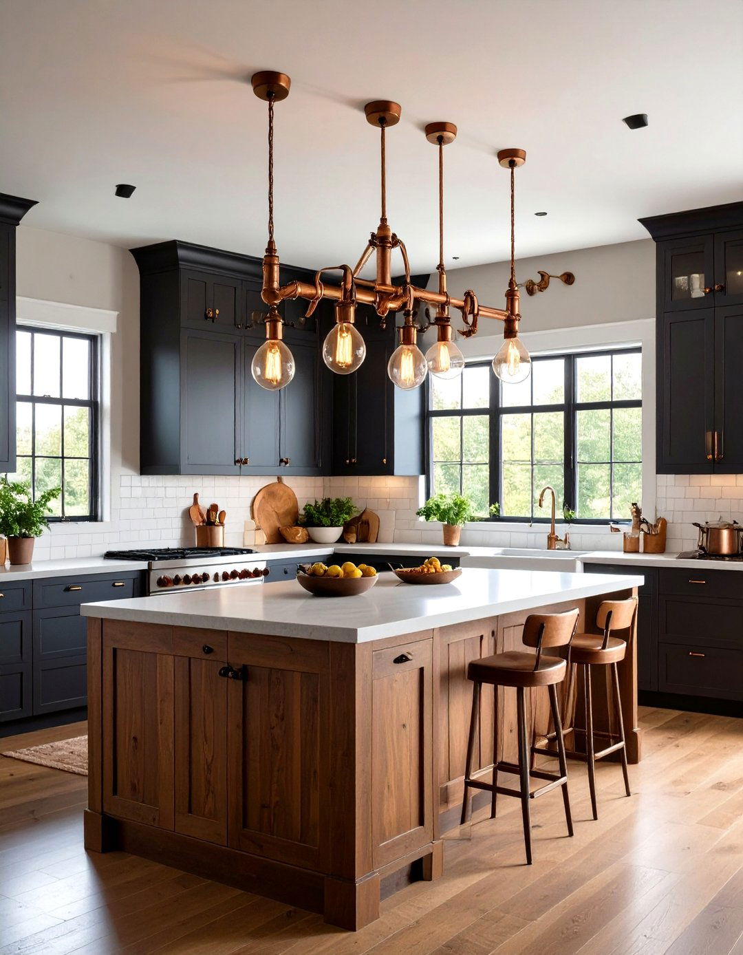 Steampunk Kitchen with Exposed Bulb and Pipe Fixtures - 30 kitchen ceiling lights ideas