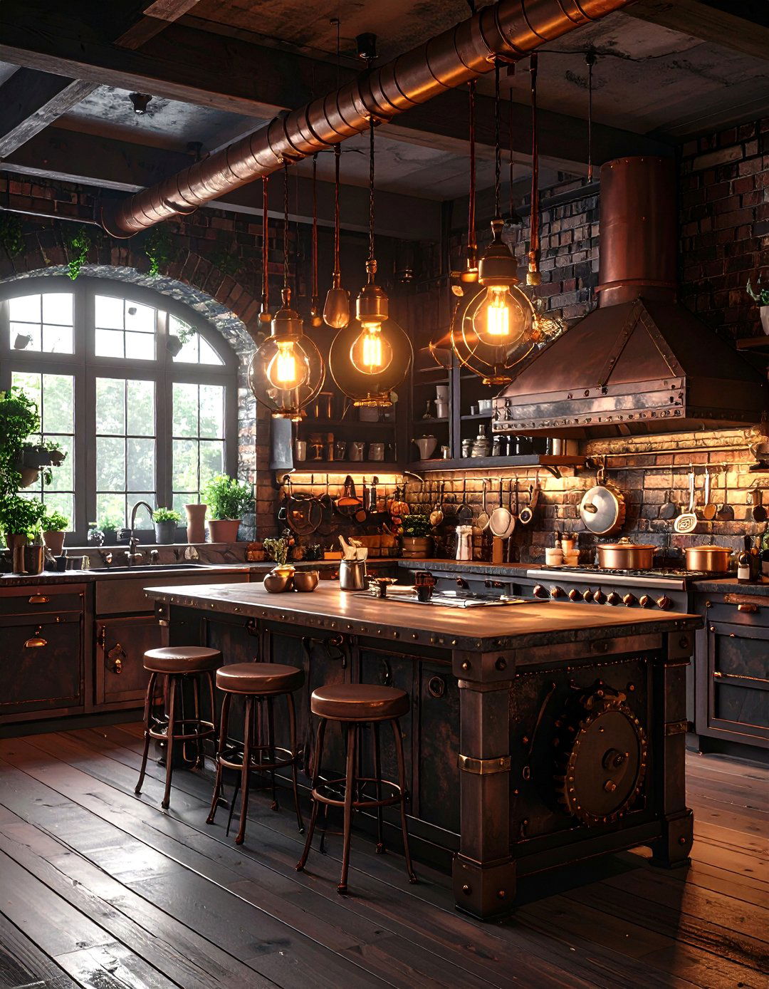 Steampunk Kitchen with Gear and Pipe Pendants - 30 kitchen island pendant lighting ideas