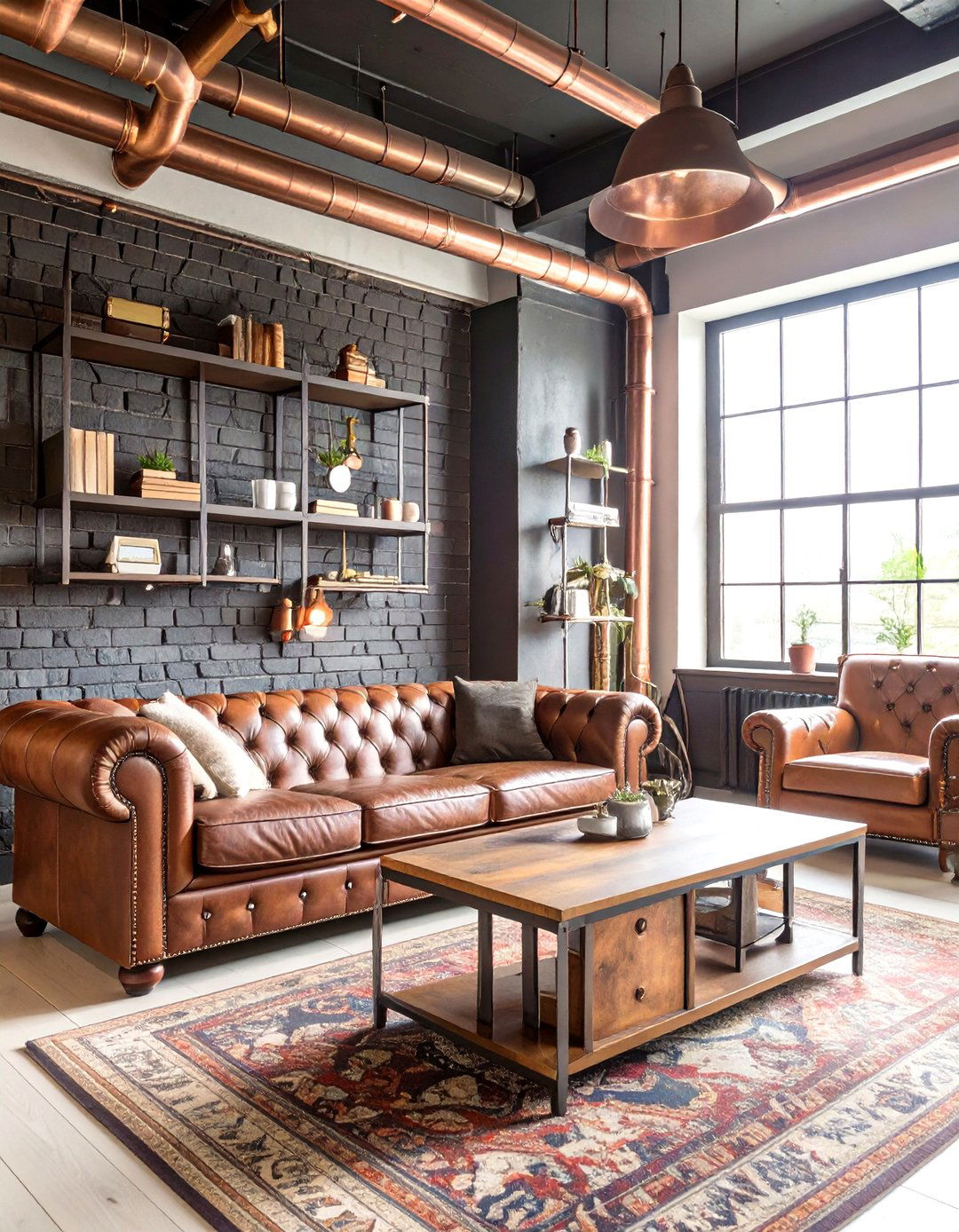 Steampunk Living Room with Exposed Copper Piping - 30 steampunk interior design ideas