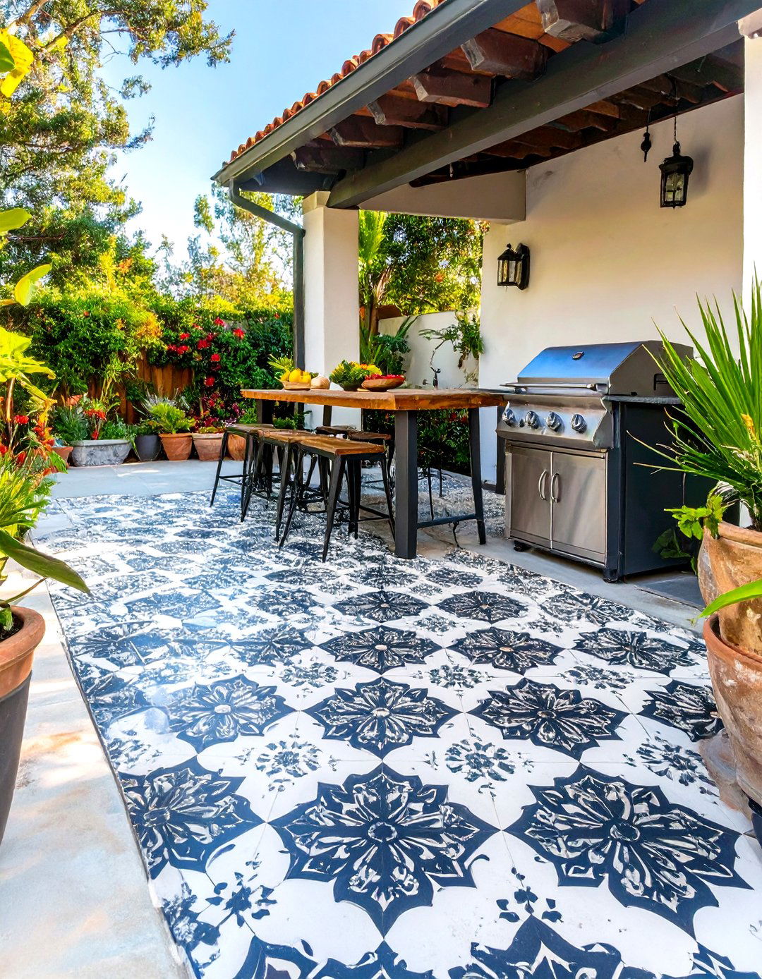 Stenciled Concrete Floor - 30 outdoor kitchen ideas on a budget