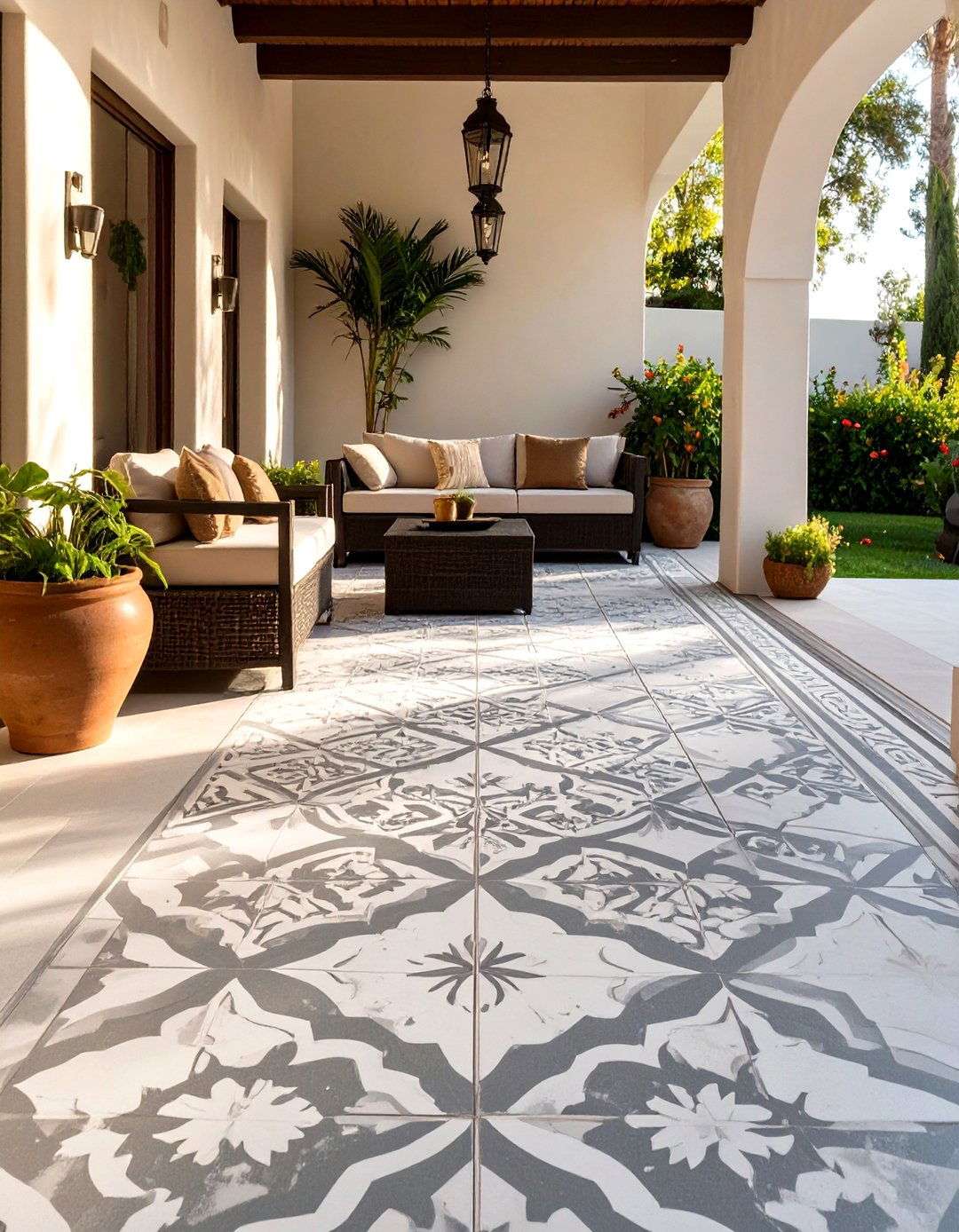 Stenciled Concrete Floor Design - 30 outdoor patio ideas on a budget