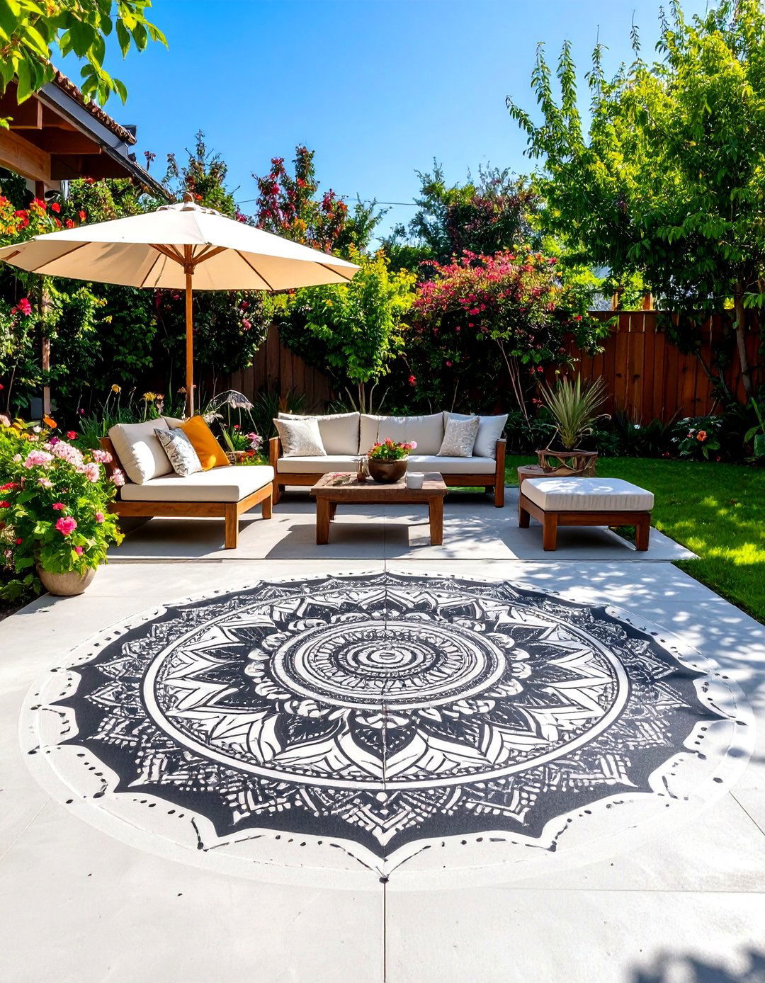 Stenciled Concrete Floor for a Budget Patio - 30 patio ideas on a budget