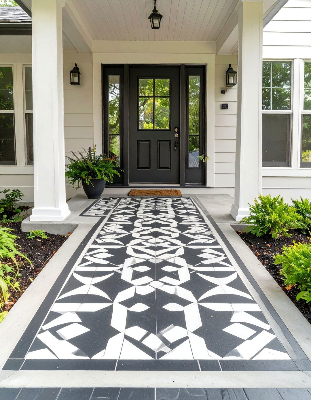 Stenciled Concrete Floor for a Small Front Porch - 30 small front porch ideas on a budget