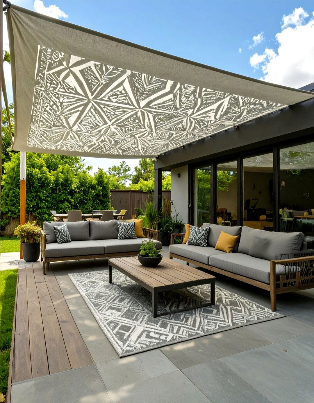 Stenciled Drop Cloth Canopy - 30 cheap patio roof ideas