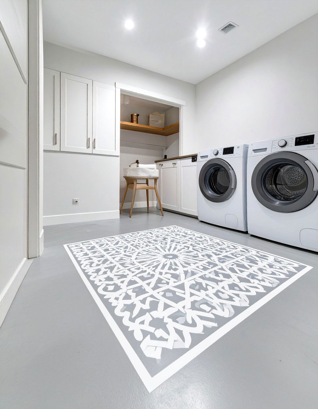 Stenciled Floor Patterns for Visual Appeal - 30 unfinished basement laundry room ideas