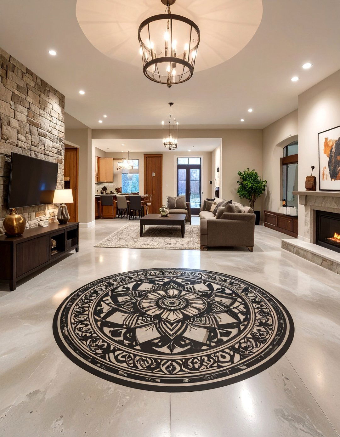 Stenciled Medallion Centerpiece - 30 concrete basement floor ideas