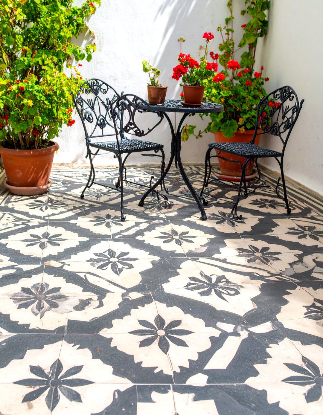 Stenciled Tile Illusion Patio - 30 concrete patio ideas on a budget