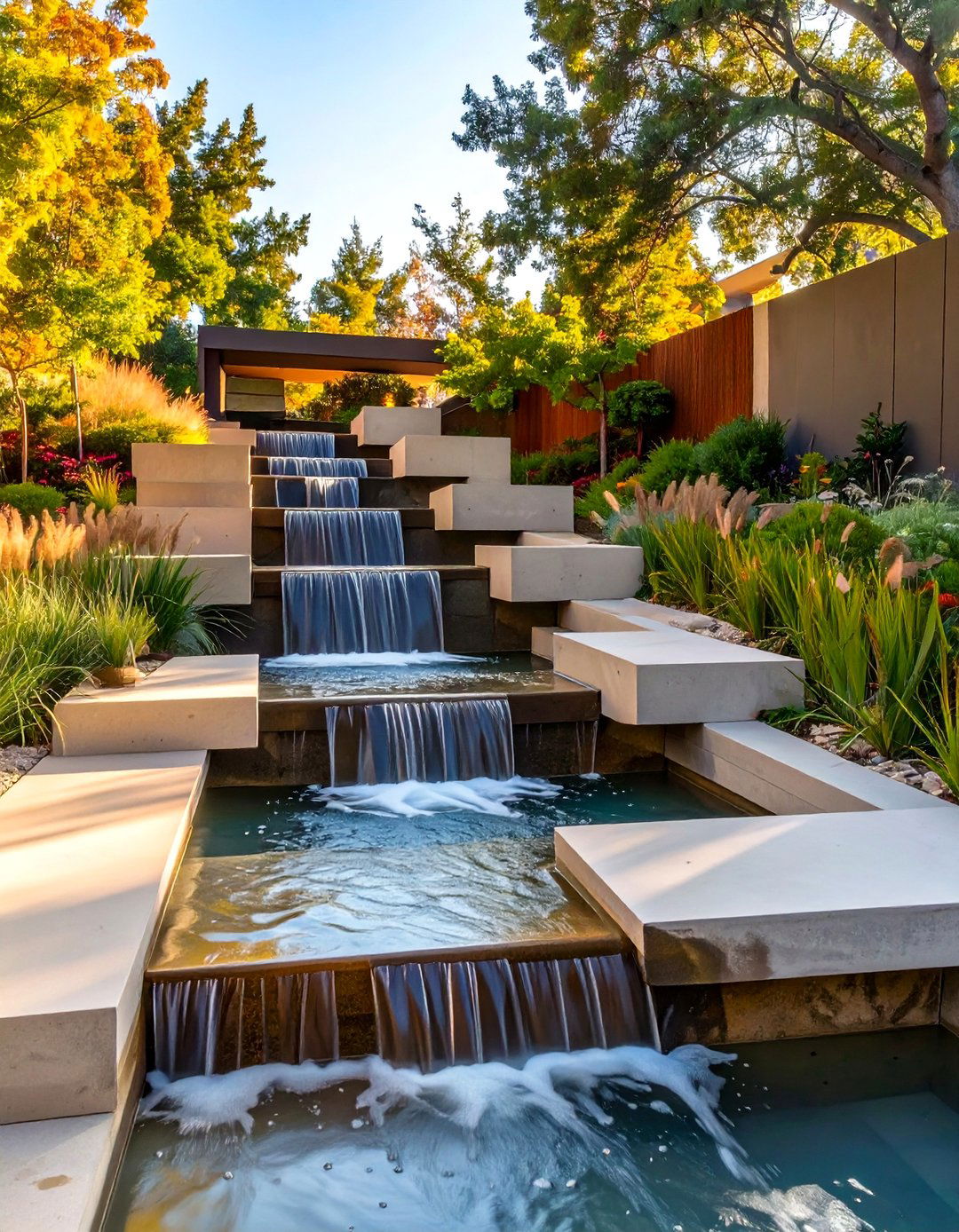 Stepped Concrete Channel - 30 backyard waterfall ideas