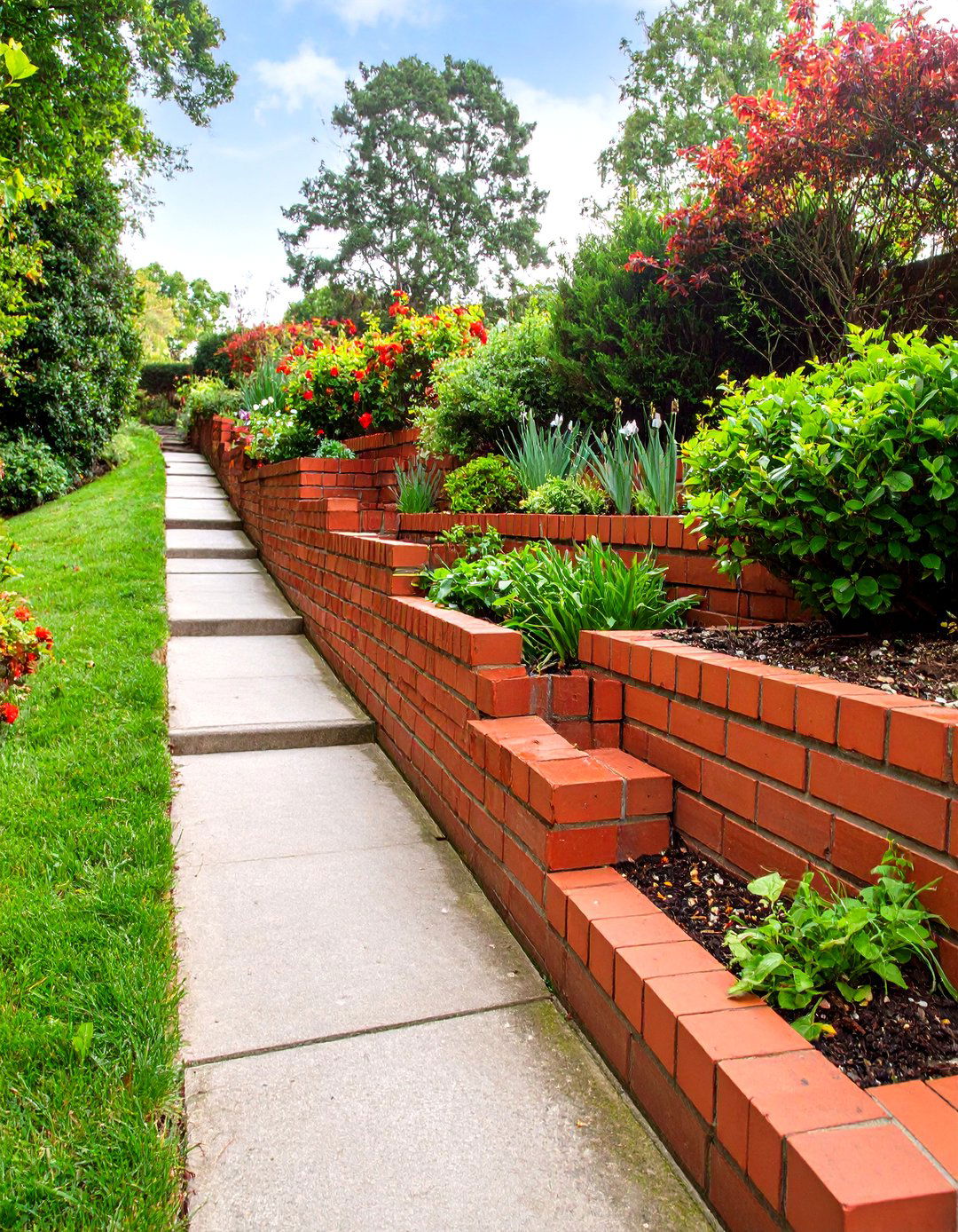 Stepped Retaining Wall alongside a Walkway - 30 retaining wall ideas for sloped backyard
