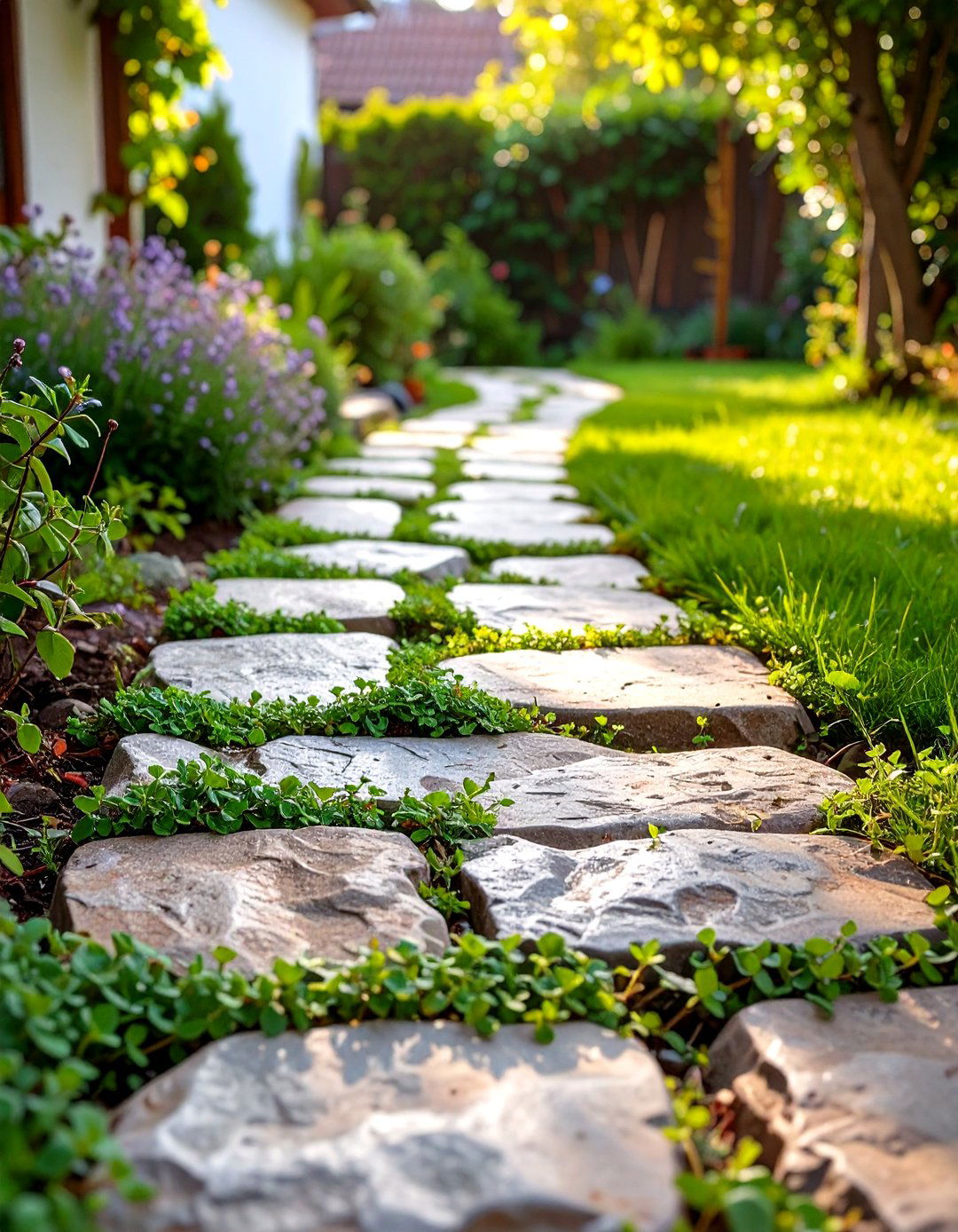 Stepping Stone Paths with Ground Cover - 30 small backyard ideas no grass