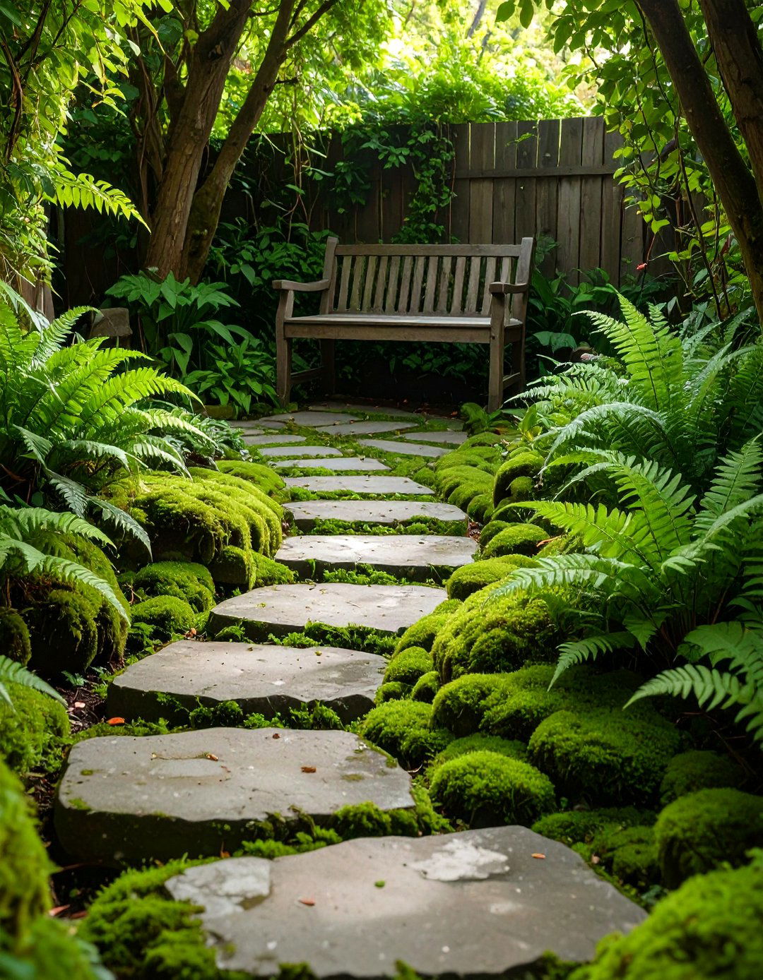 Stepping Stone and Moss Backyard - 30 cheap no grass backyard ideas