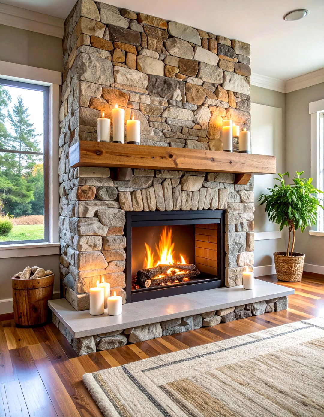 Stone Fireplace with a Raw Wood Mantel - 30 rustic home decor ideas