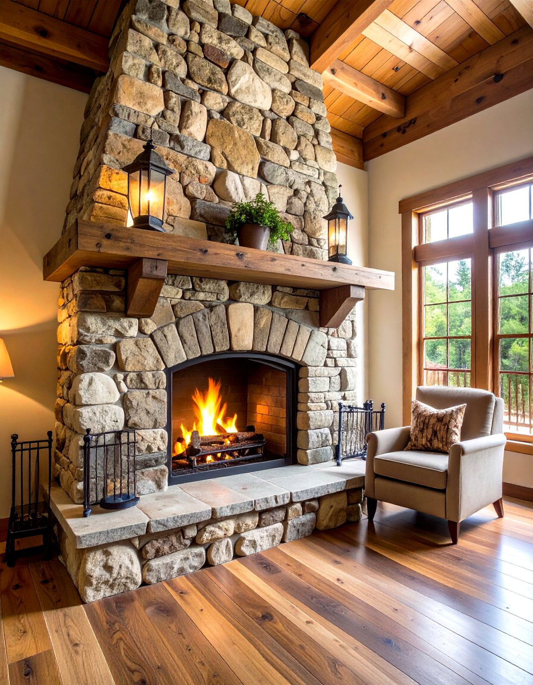 Stone Fireplace with a Timber Mantel - 30 rustic man cave ideas