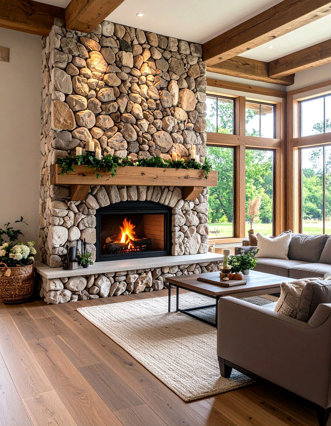 Stone Fireplace with a Timber Mantel - 30 rustic farmhouse interior design ideas