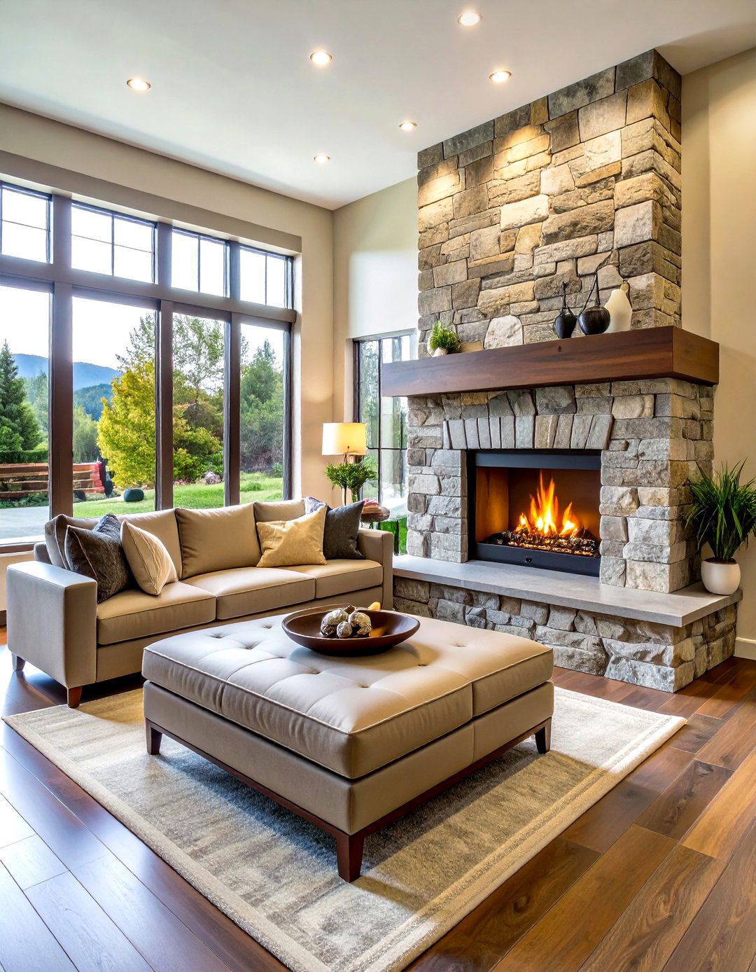 Stone Fireplace with an Integrated Bench - 30 living room stone fireplace ideas