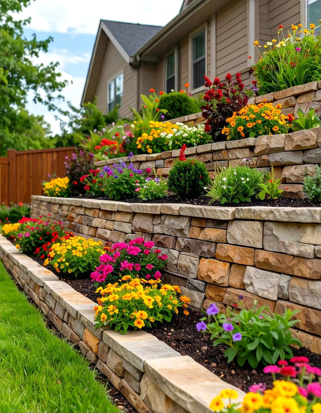 Stone Retaining Wall with Tiered Planting - 30 side yard landscaping ideas