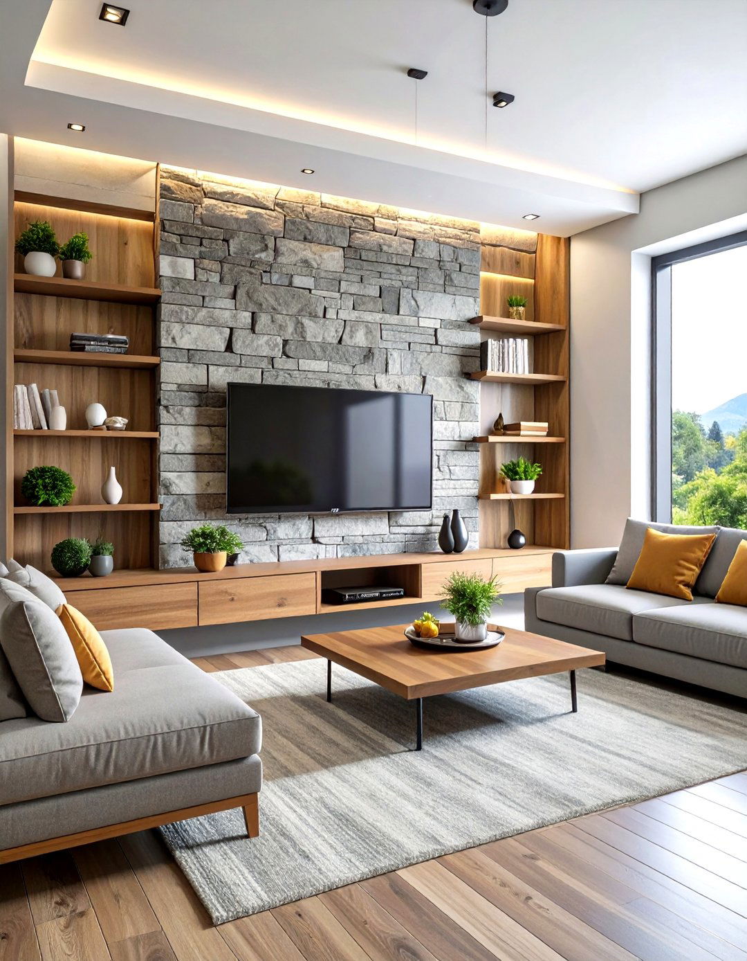 Stone Veneer with Floating Shelves - 30 living room tv wall ideas