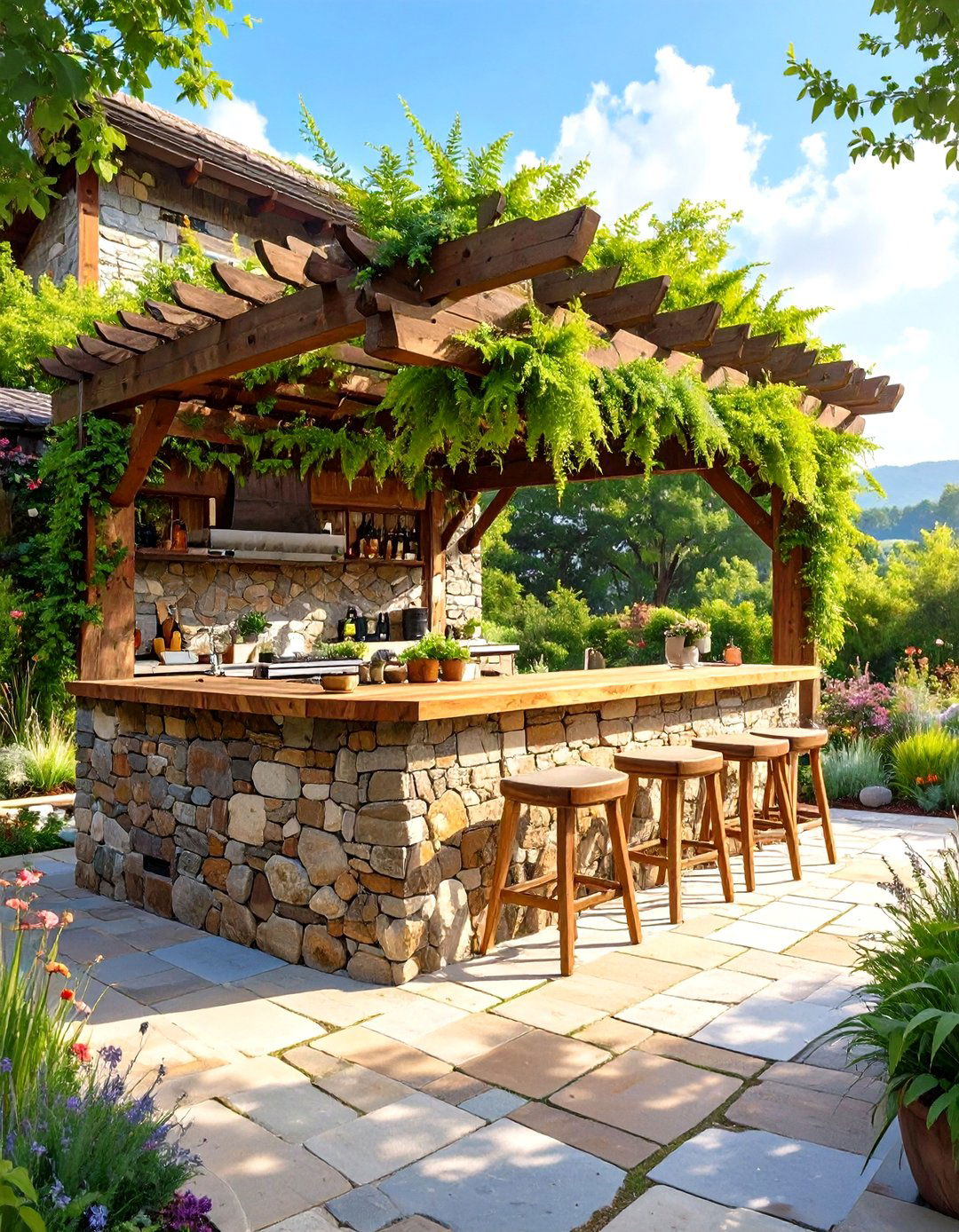 Stone and Timber Frame Outdoor Bar - 30 rustic outdoor bar ideas
