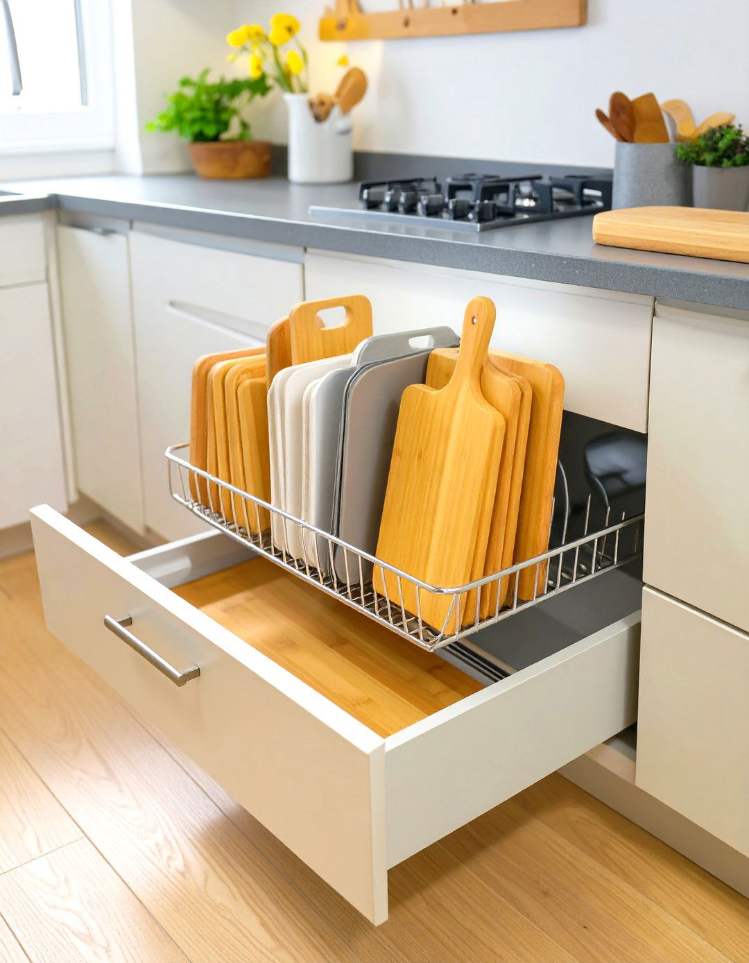Store Baking Sheets and Cutting Boards Vertically - 30 small kitchen storage ideas