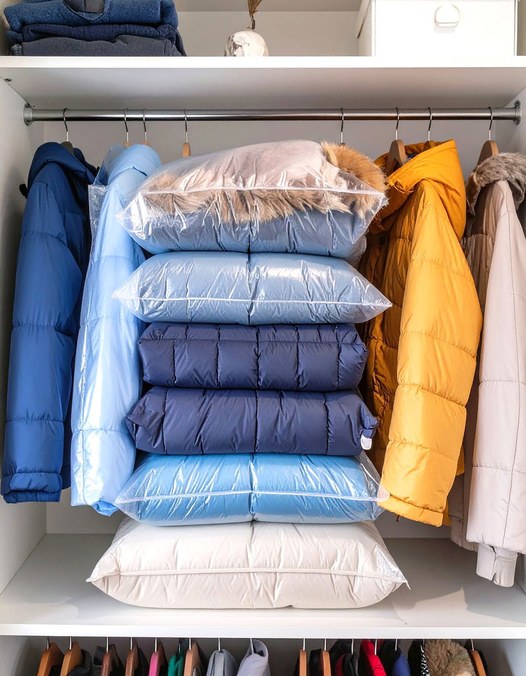 Store Off Season Clothing in Vacuum Bags - 30 small closet storage ideas
