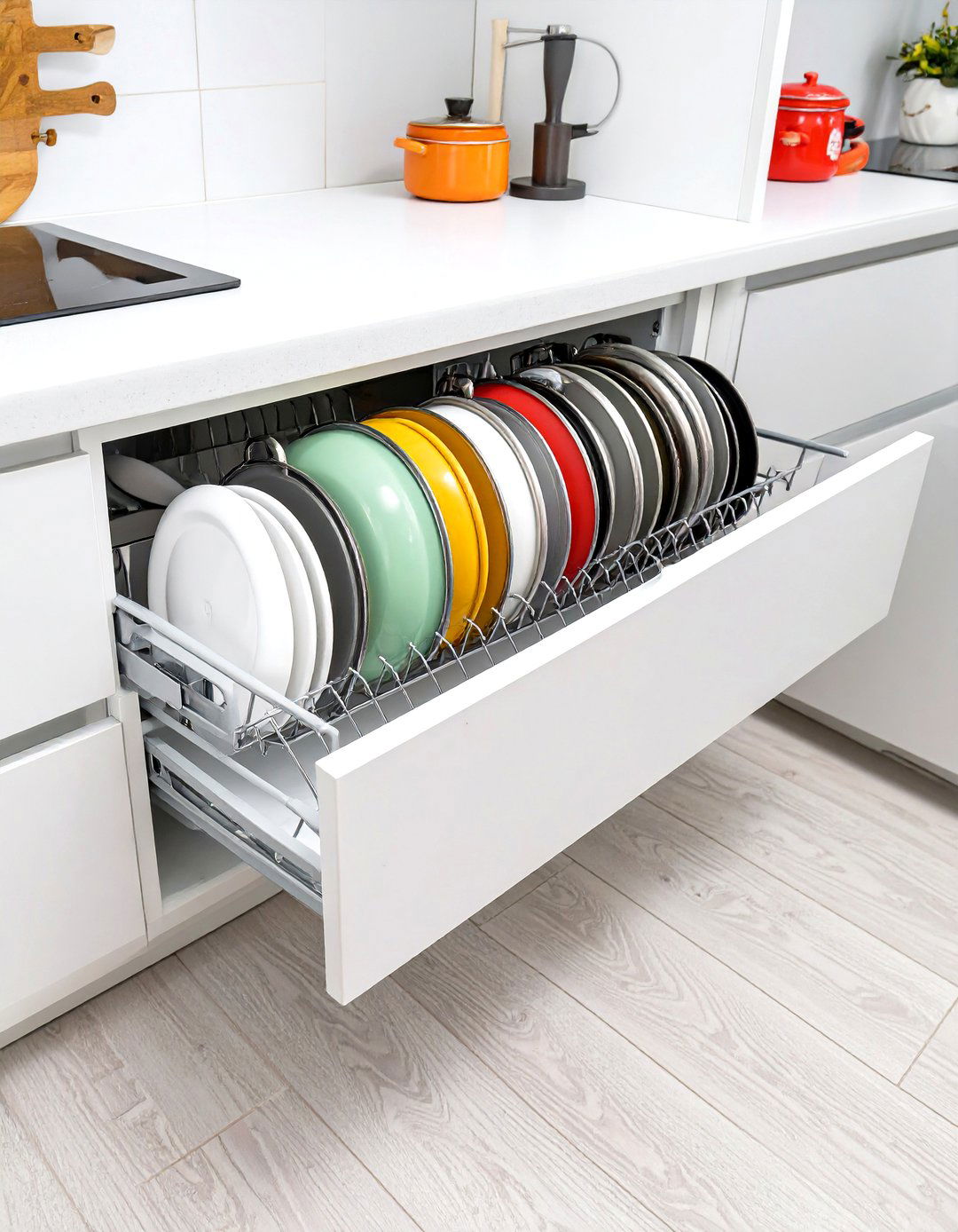 Storing Lids with a Tension Rod - 30 small kitchen organization ideas