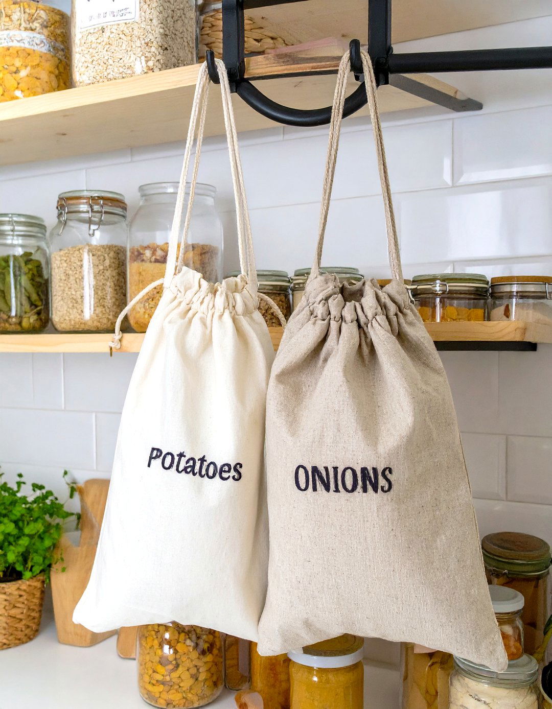 Storing Potatoes and Onions in Breathable Bags - 30 small pantry organization ideas
