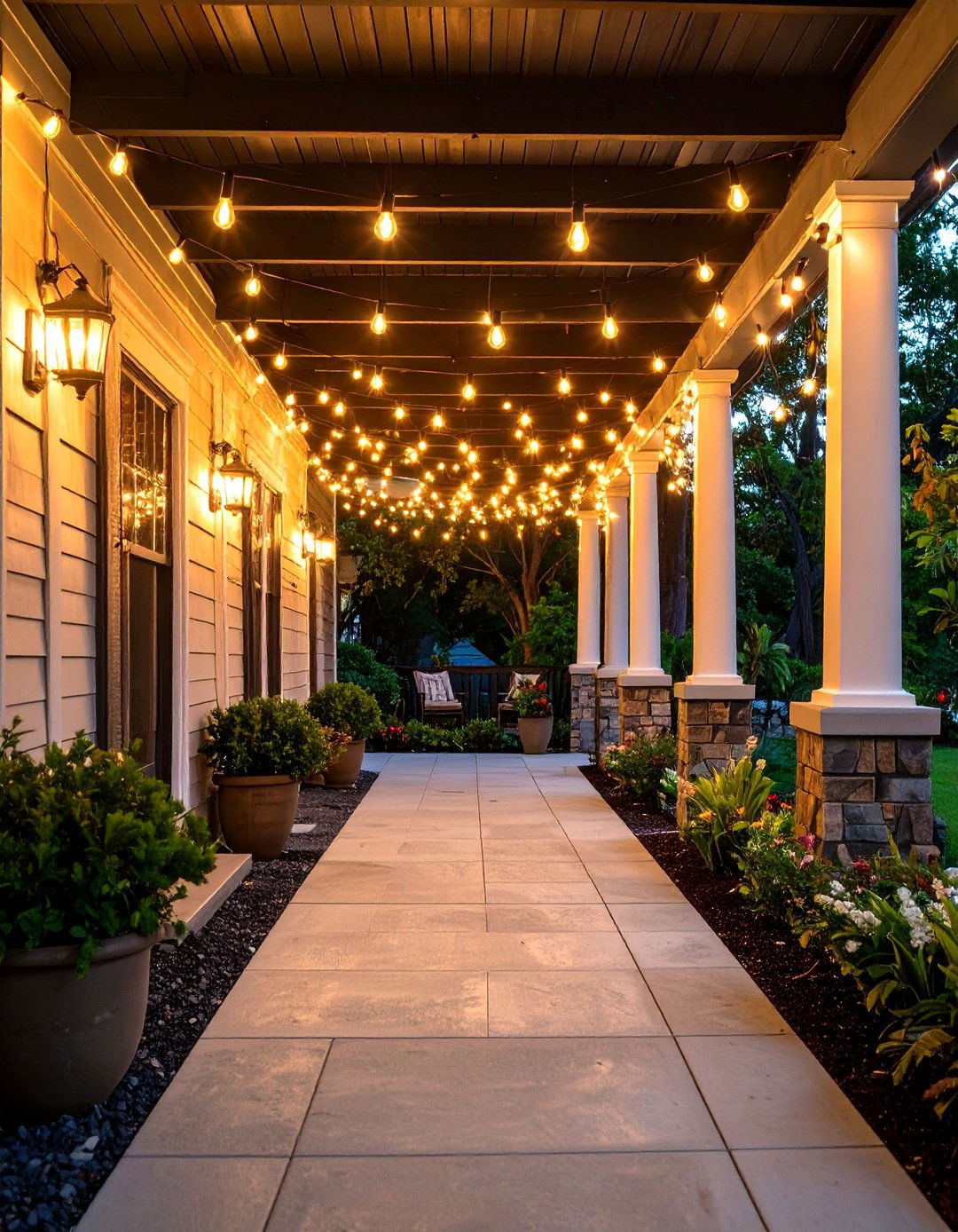 String Light Canopy Entrance - 30 modern outdoor lighting ideas for front of house