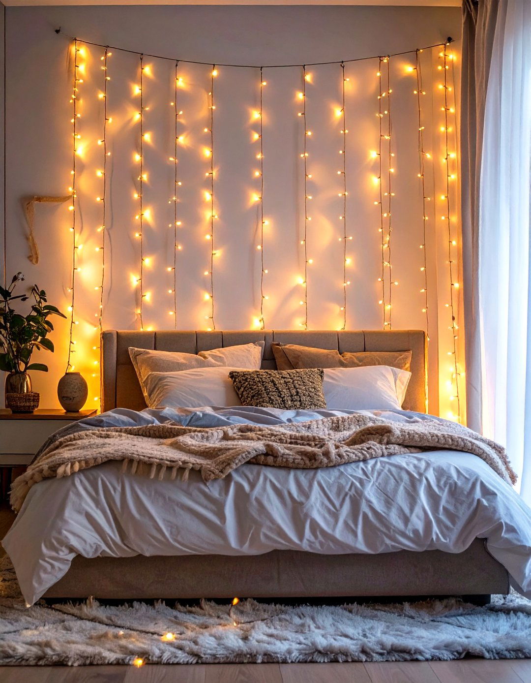 String Light Curtain Behind the Bed - 30 teenage girl room ideas