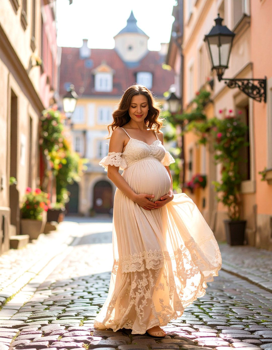 Strolling on a Cobblestone Street Maternity Photoshoot - 30 outdoor maternity photoshoot ideas
