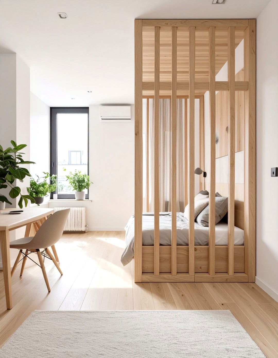 Studio Apartment with an Open Slat Wooden Divider - 30 studio apartment interior design ideas