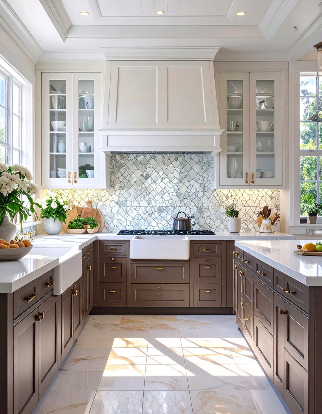 Subtle Glass Mosaic Tiles - 30 backsplash ideas for dark cabinets and light countertops