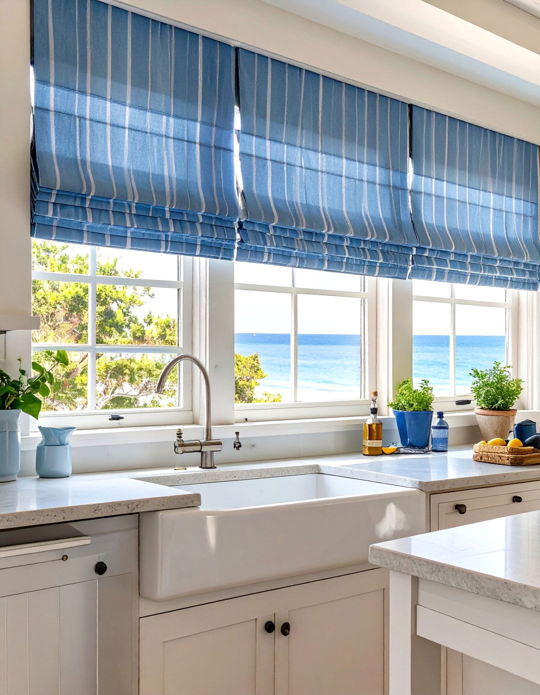 Subtle Striped Roman Shades - 30 seaside coastal kitchen design ideas