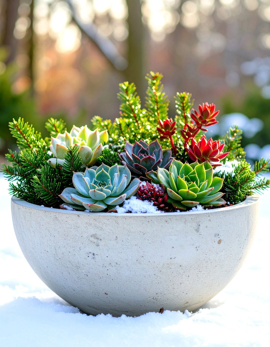 Succulent and Evergreen Winter Planter - 30 outdoor winter planter ideas