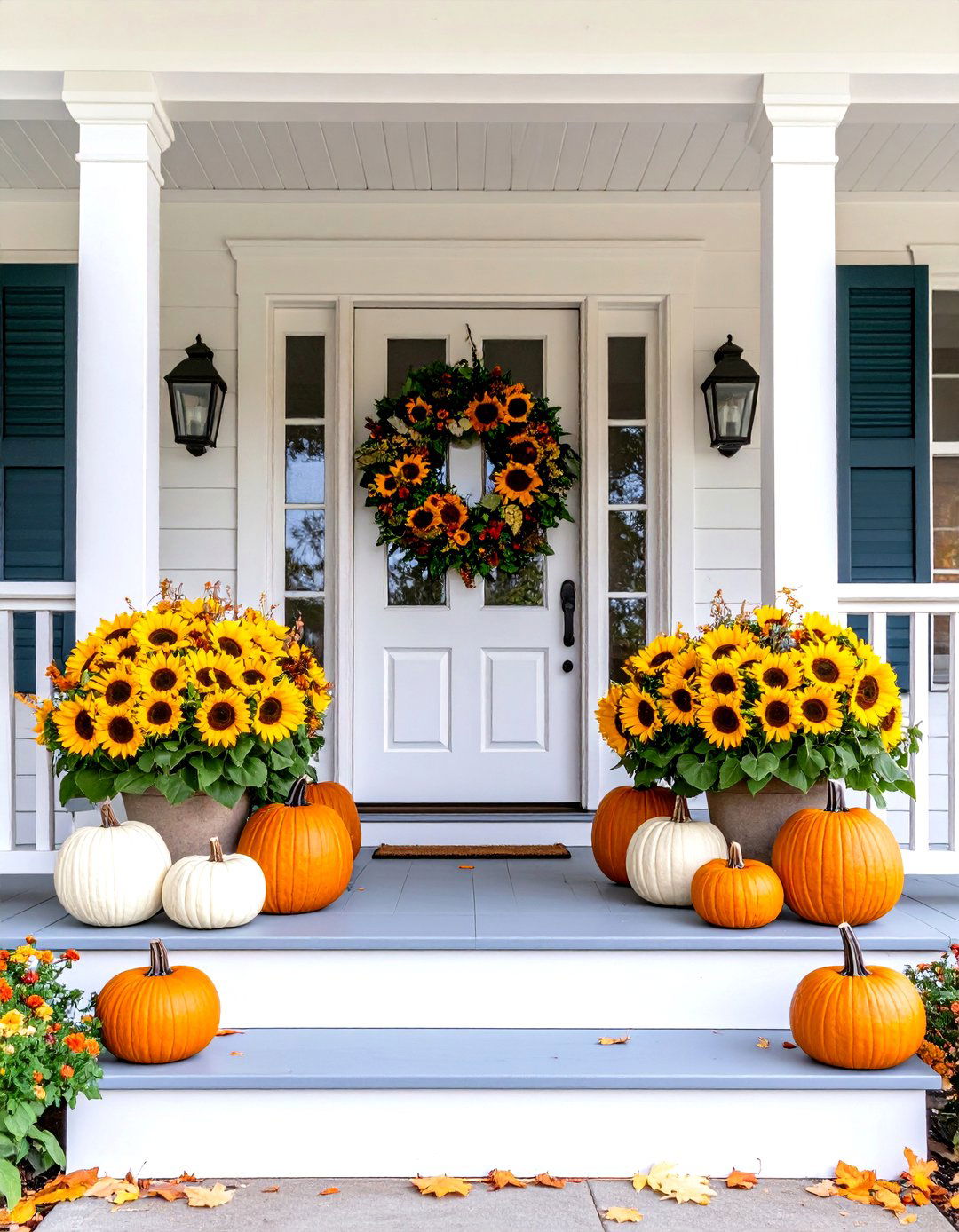 Sunflower Focused Fall Porch - 30 fall porch decorating ideas