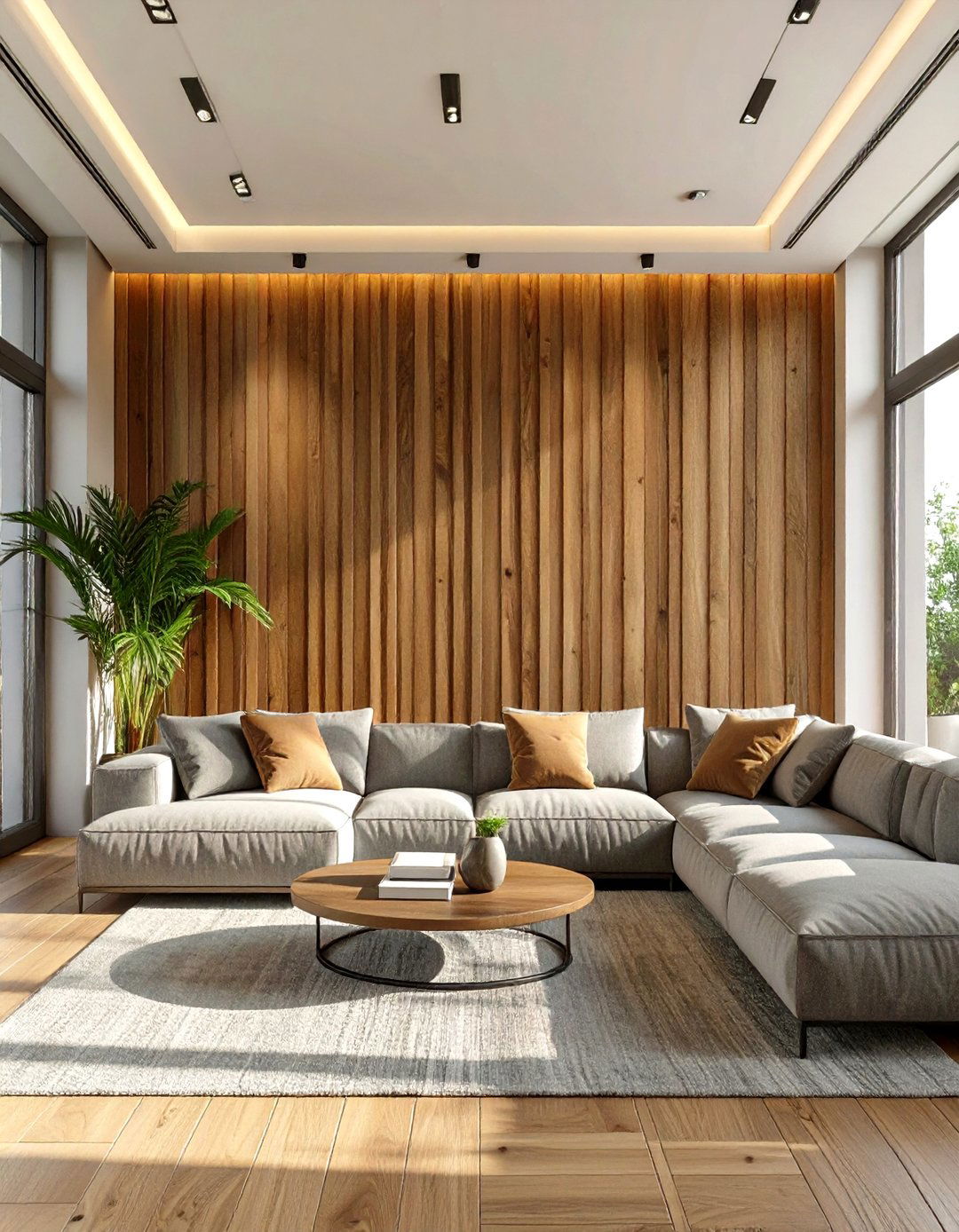 Sunken Living Room with a Wooden Accent Wall - 30 sunken living room ideas