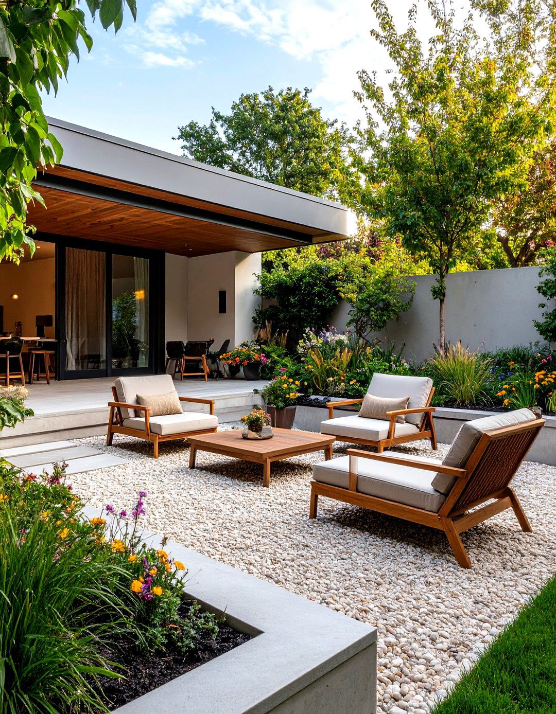 Sunken Pea Gravel Patio for an Intimate Feel - 30 pea gravel patio ideas
