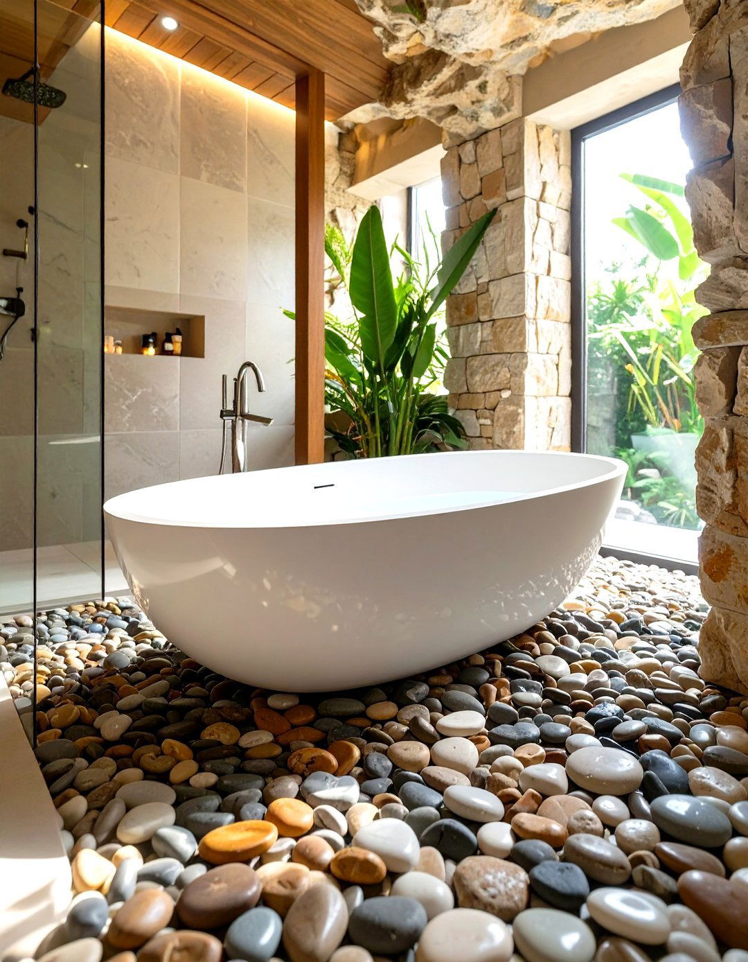 Sunken Tub with Pebble Tile Shower Floor - 30 tub in shower design ideas