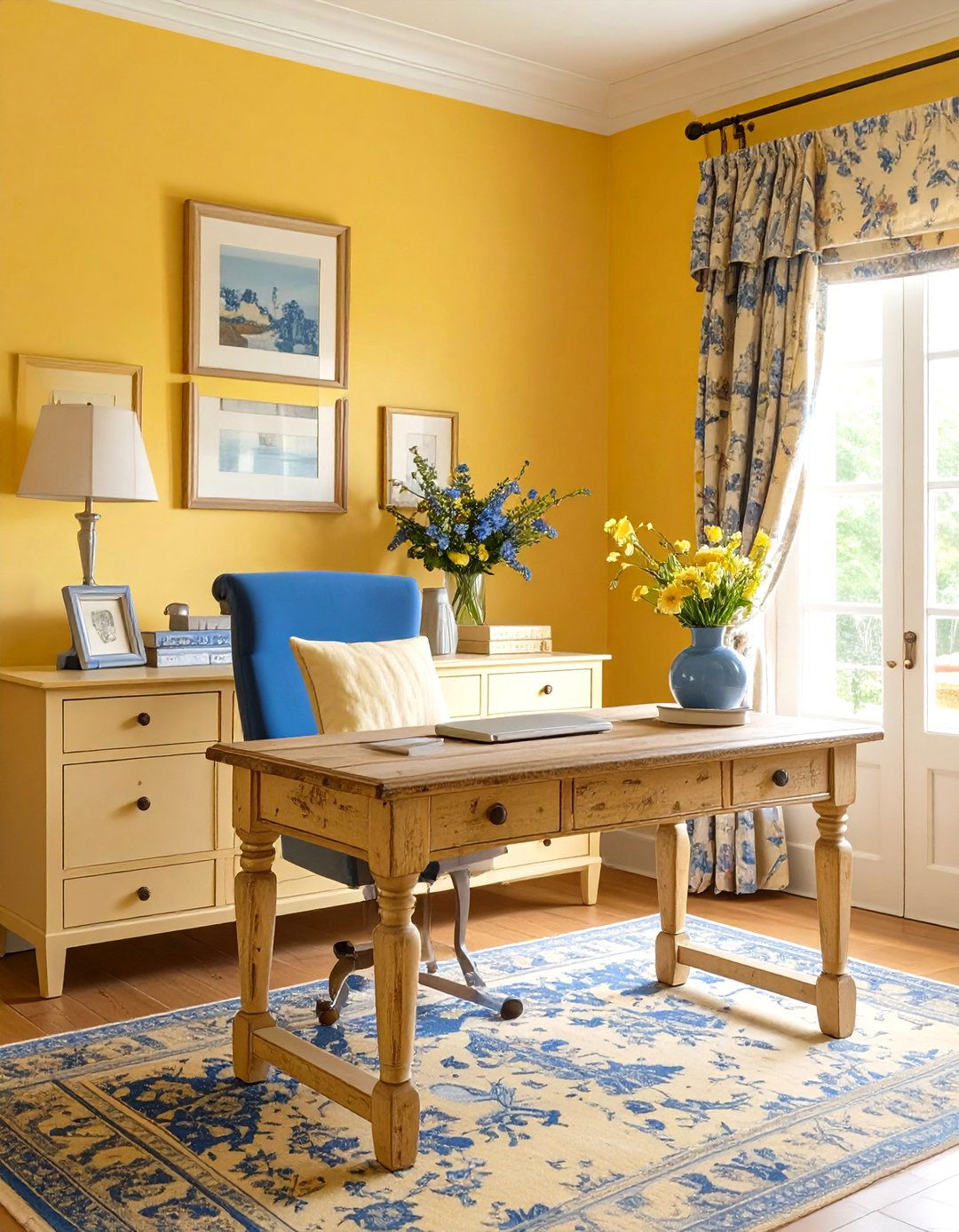 Sunny Yellow and Blue French Country Office - 30 office color ideas
