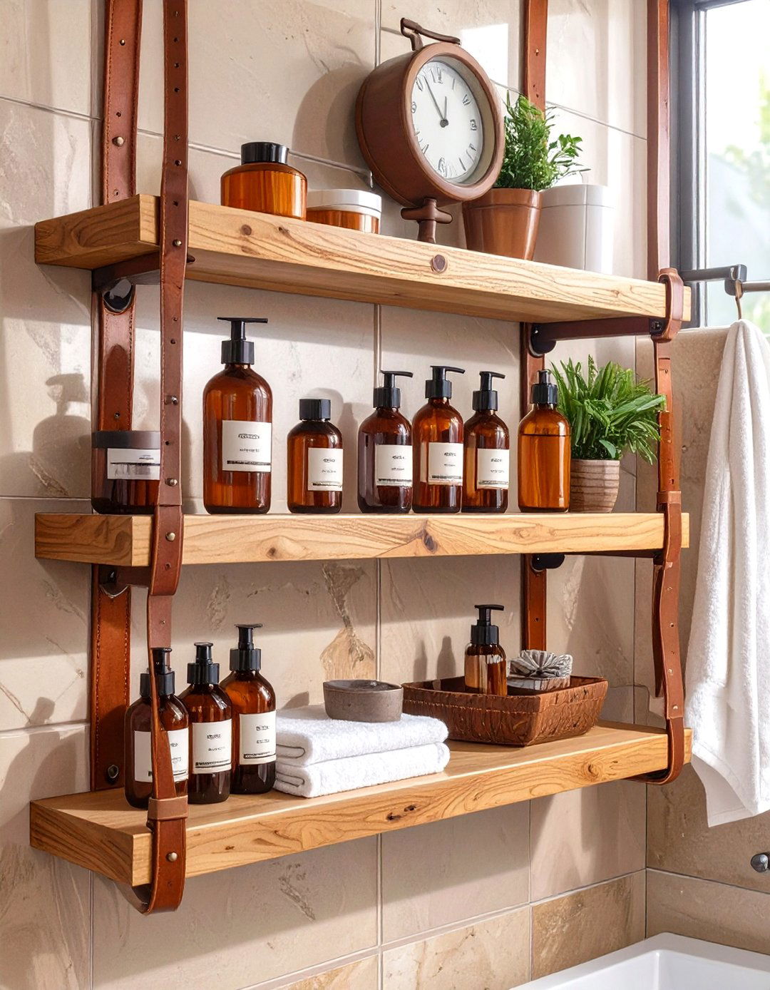 Suspended Leather Strap Bathroom Shelves - 30 bathroom shelving ideas