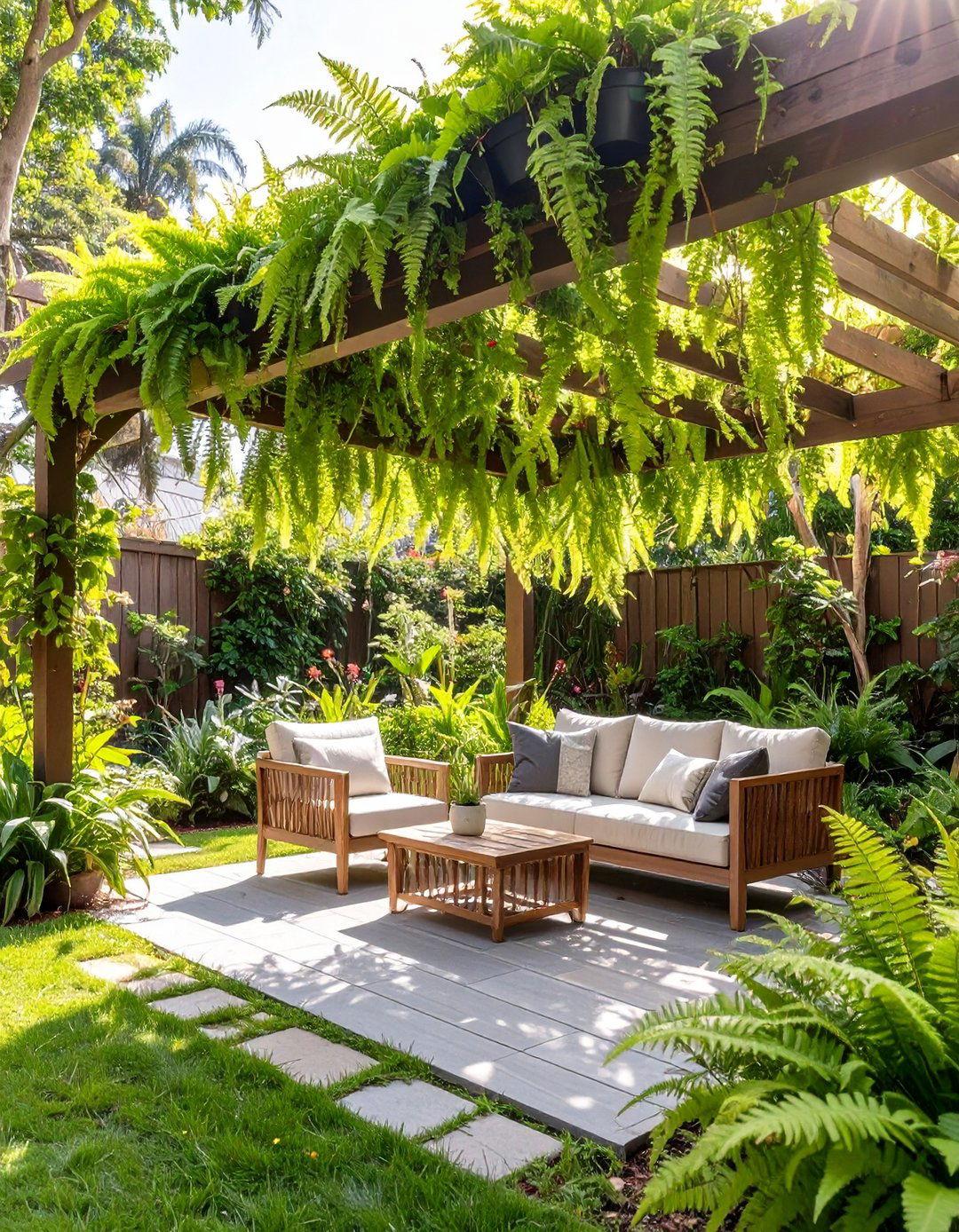 Suspended Shade Garden with Hanging Plants - 30 budget diy backyard shade ideas