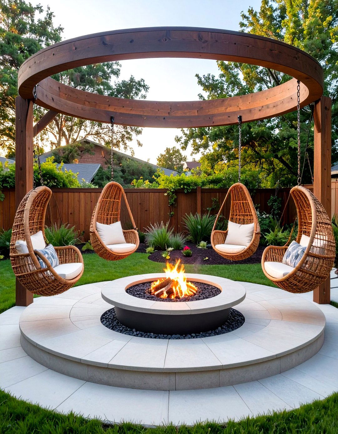 Swing Set with a Central Fire Pit - 30 small backyard fire pit ideas landscaping