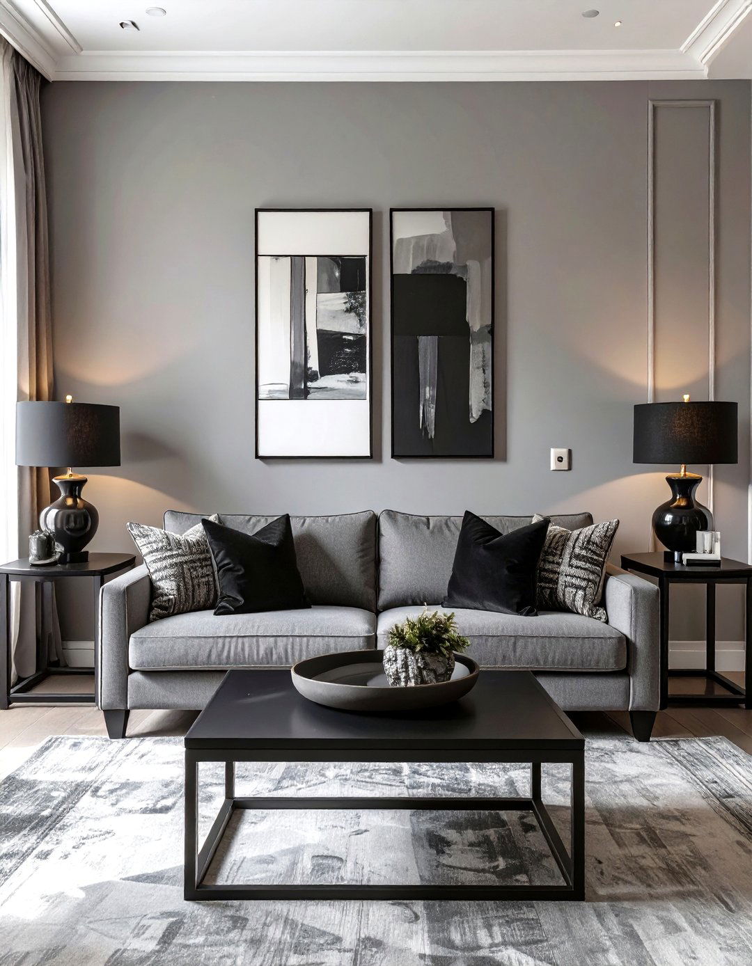 Symmetrical Black and Grey Living Room - 30 modern black and grey living room ideas