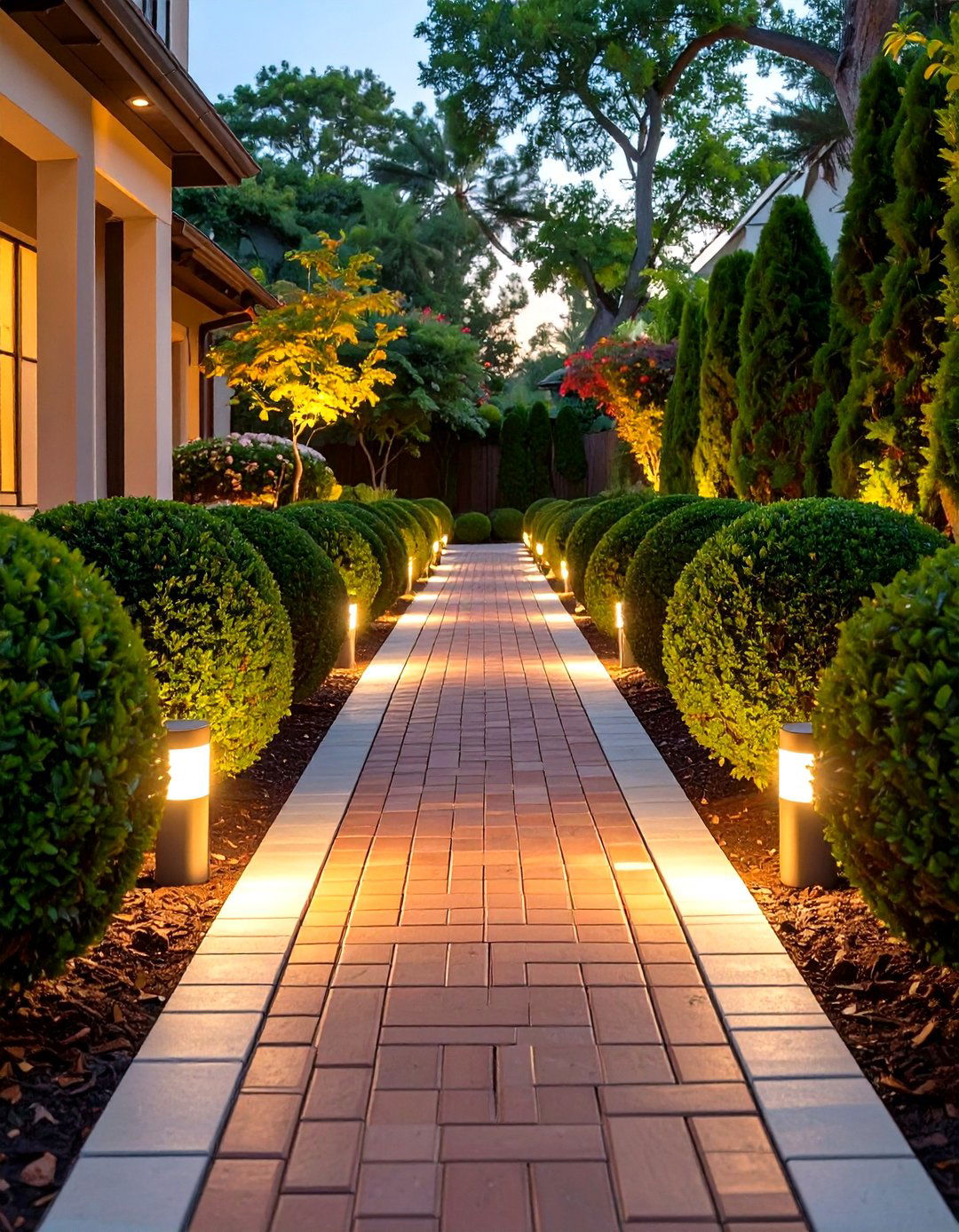 Symmetrical Pathway with Landscape Lighting - 30 side of house landscaping ideas