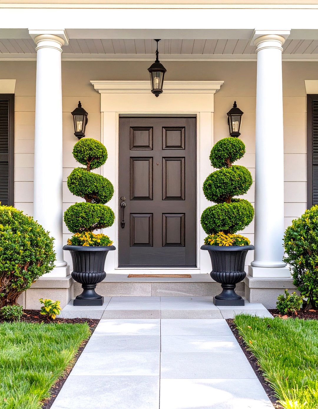 Symmetrical Plantings with Topiaries - 30 small front yard ideas